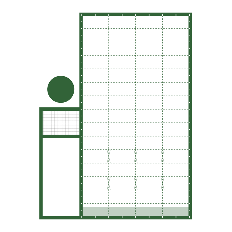 3D model of the GrowPro Basic 1/2 acre greenhouse with service building