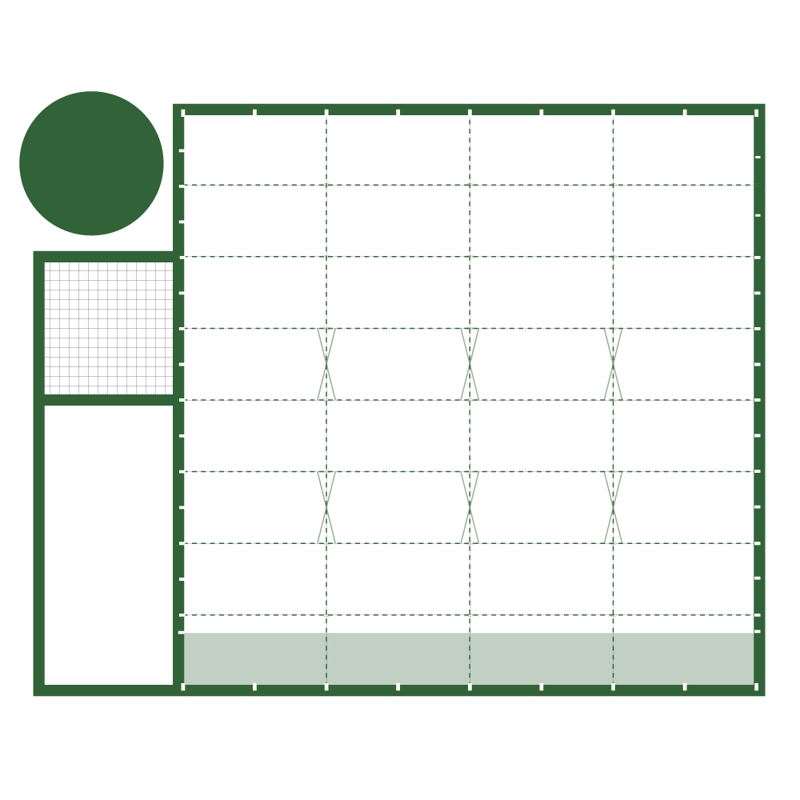 3D model of the GrowPro Basic 1/4 acre greenhouse with service building